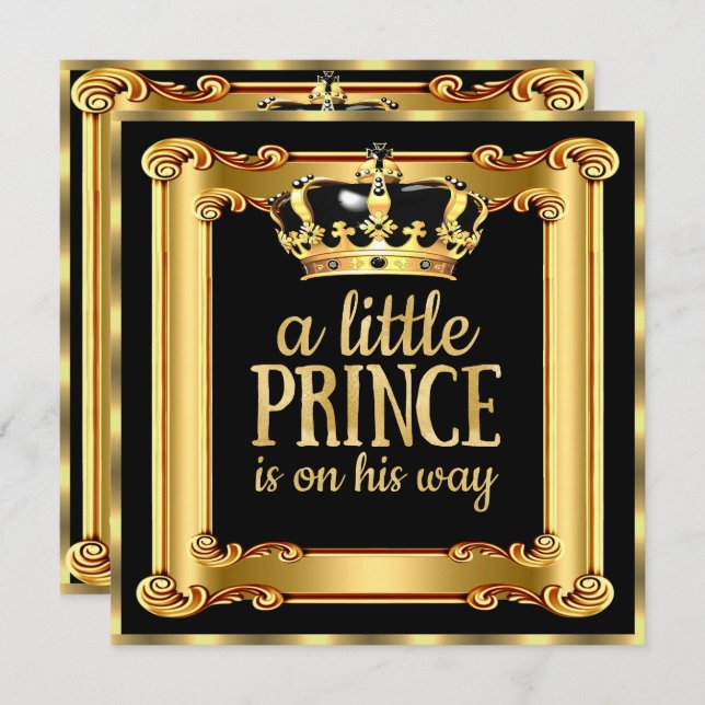 Invitation Baby shower Prince Gold Faux Foil Black Frame (Devant / Derrière)