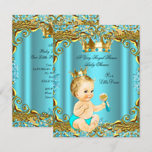 Invitation Baby shower Prince Gold Turquoise Aqua Blonde Boy