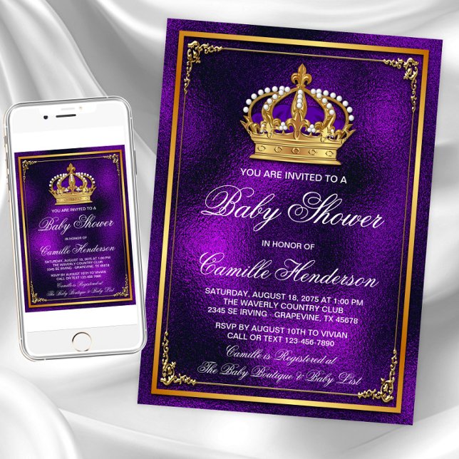 Invitation Baby Shower Prince Gold Violet (Purple gold princess baby shower invitations. Instant download and printed invitations available.)