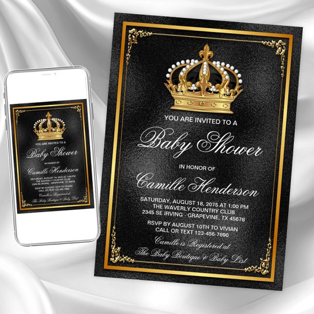 Invitation Baby Shower Prince Or Noir (Black gold prince baby shower invitation. Instant download and printed invitations available.)