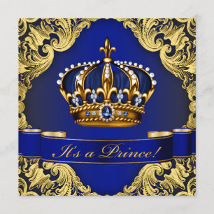 Invitation Baby Shower Prince Royal Bleu Couronne Dorée