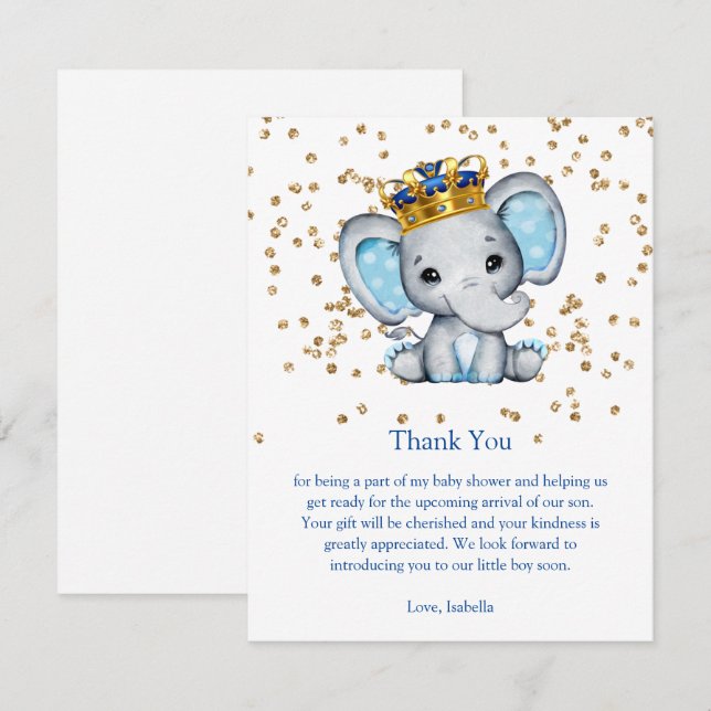 Invitation Baby shower Prince Royal Blue Gold Elephant Boy (Devant / Derrière)
