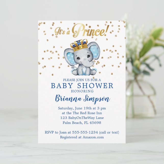 Invitation Baby shower Prince Royal Blue Gold Elephant Boy (Debout devant)