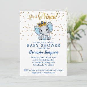 Invitation Baby shower Prince Royal Blue Gold Elephant Boy