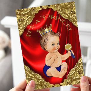 Invitation Baby Shower Prince Satin Bleu Royal Or