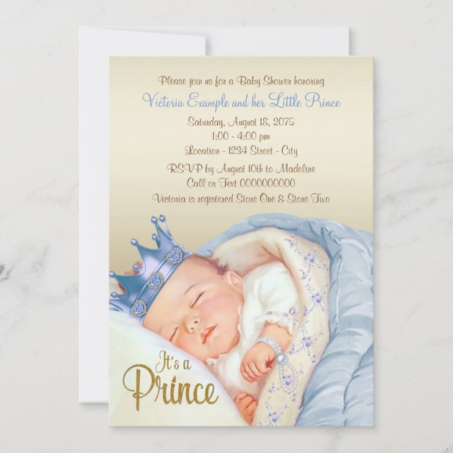 Invitation Baby Shower Prince Vintage Bleu Or (Devant)