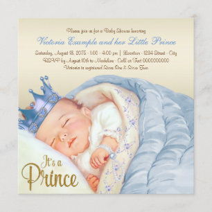 Invitation Baby Shower Prince Vintage Bleu Or