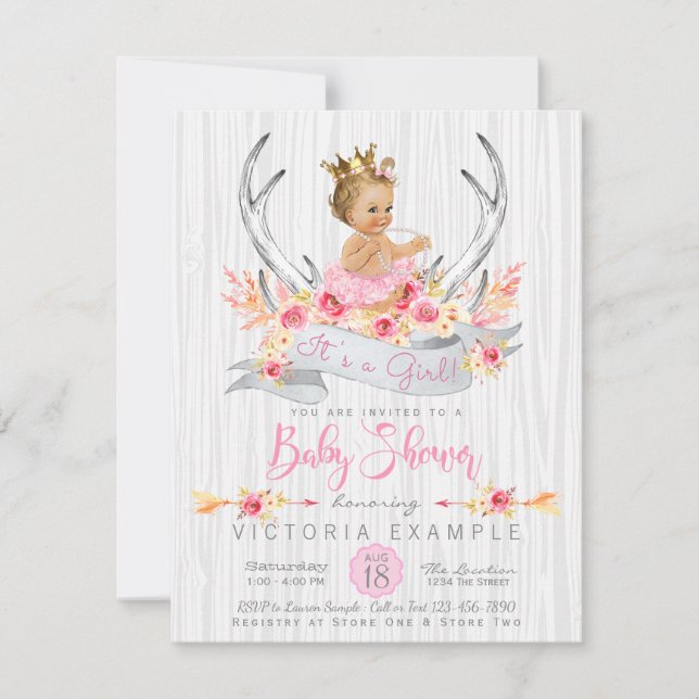 Invitation Baby shower princesse Antler Tribal Boho (Devant)