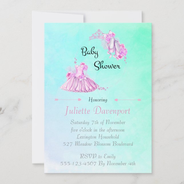 Invitation Baby shower princesse Ballet Aquarelle rose (Devant)