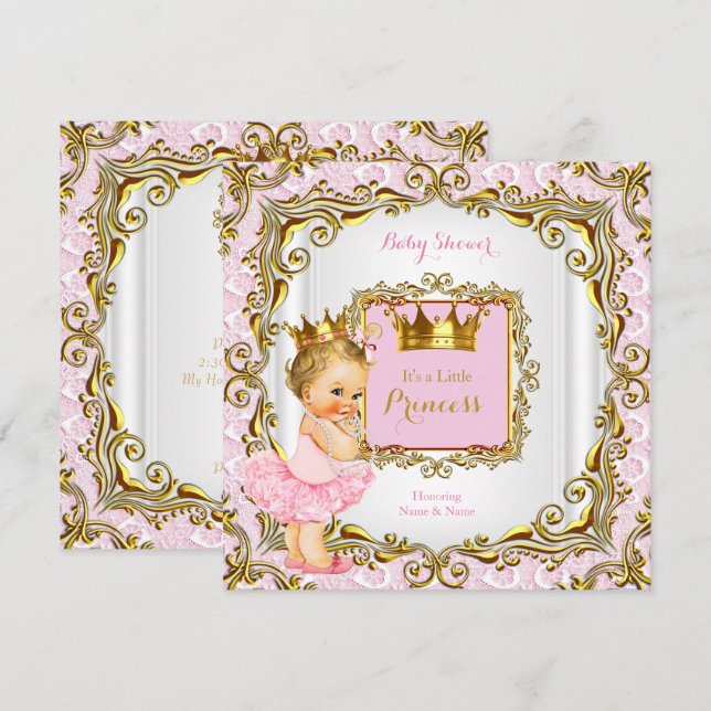Invitation Baby Shower Princesse Blonde Dentelle Rose Or Blan (Devant / Derrière)