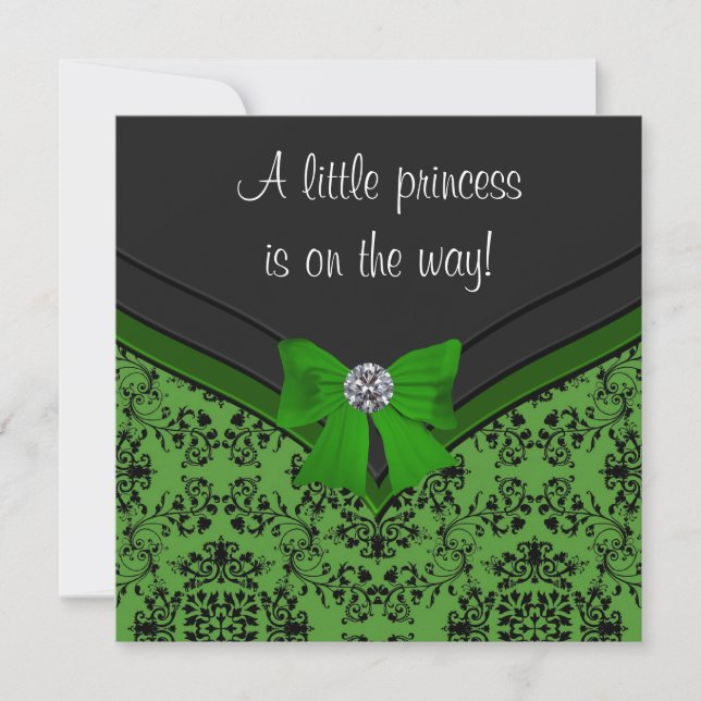 Invitation Baby shower Princesse Bow Green Damask noir (Devant)