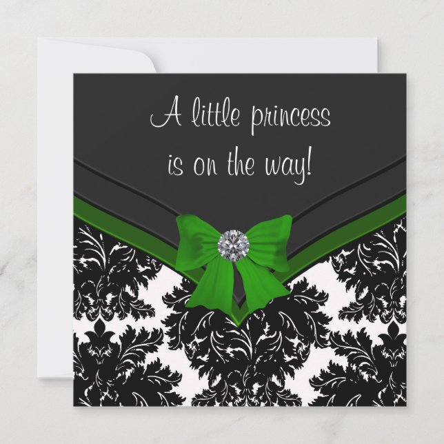 Invitation Baby shower Princesse Bow Green Damask noir (Devant)