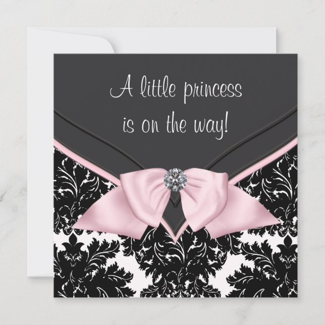 Invitation Baby shower princesse Bow rose Damask noir (Devant)