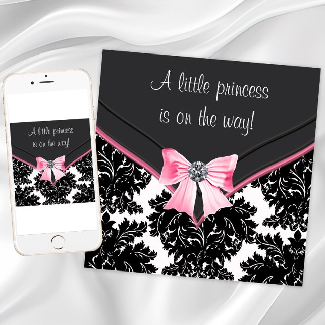 Invitation Baby shower princesse Bow rose Damask noir (Pink black damask baby shower invitation. Add text of your choice to front and back. Digital & Print)