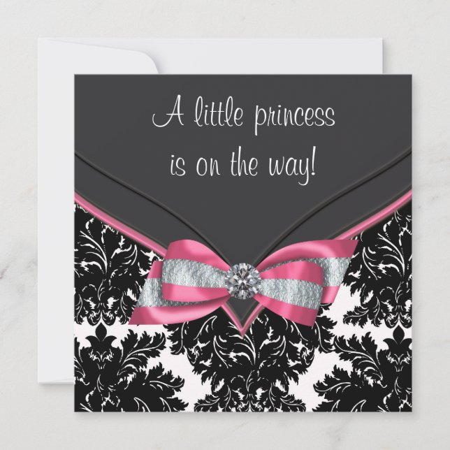 Invitation Baby shower princesse Bow rose Damask noir (Devant)