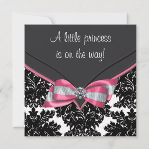 Invitation Baby shower princesse Bow rose Damask noir