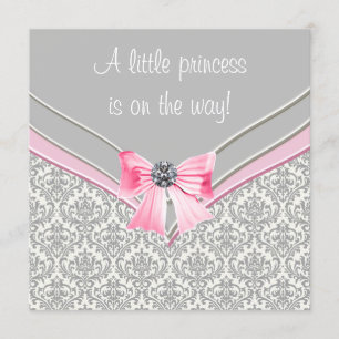 Invitation Baby shower princesse Bow rose et gris Damask rose