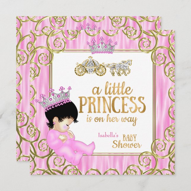 Invitation Baby Shower Princesse Brune Calèche Rose Chevaux (Devant / Derrière)