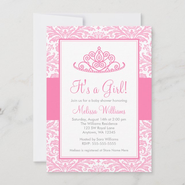 Invitation Baby shower princesse Couronne princesse Damas ros (Devant)