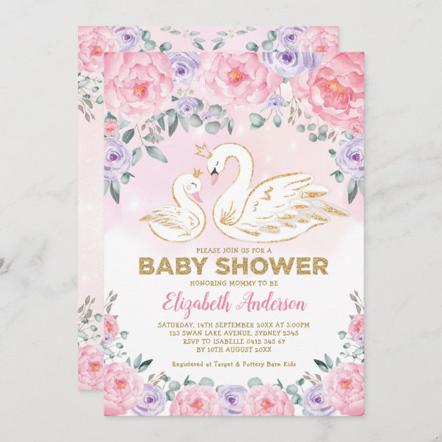 Invitation Baby shower princesse cygne rose violet Floral (Devant / Derrière)