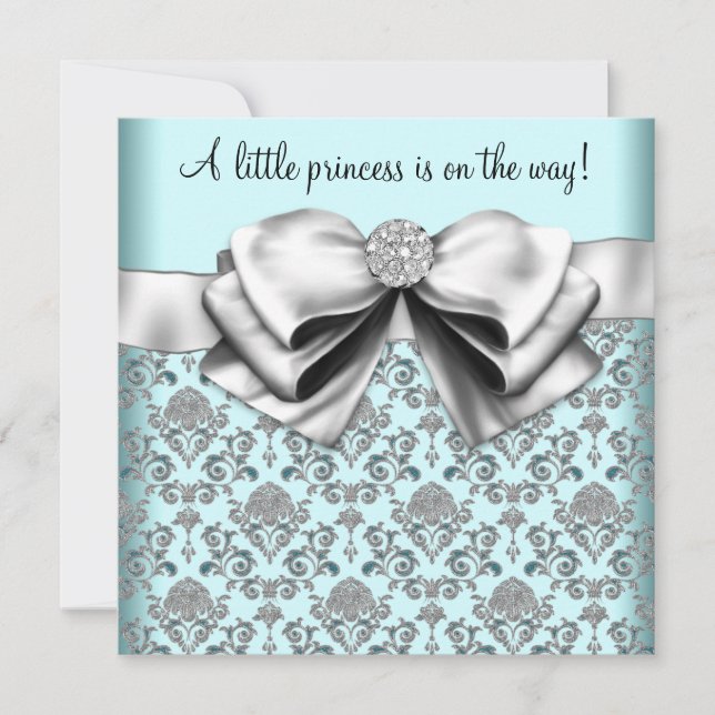 Invitation Baby Shower Princesse Damassé Bleu Sarcelle Noir (Devant)