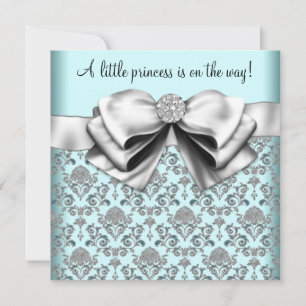 Invitation Baby Shower Princesse Damassé Bleu Sarcelle Noir