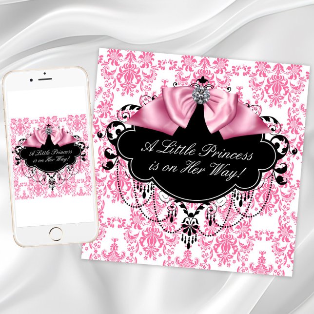 Invitation Baby Shower Princesse Damassé Rose Noir (Pink and black baby shower invitations. Add your own text. Instant download and printed available.)