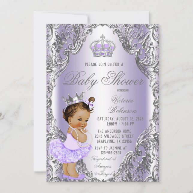 Invitation Baby shower Princesse d'argent violet (Devant)