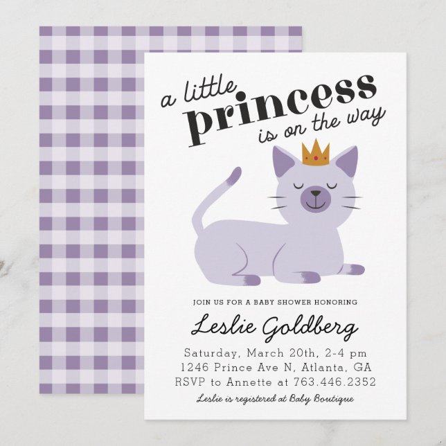 Invitation Baby shower Princesse de chat violet (Devant / Derrière)