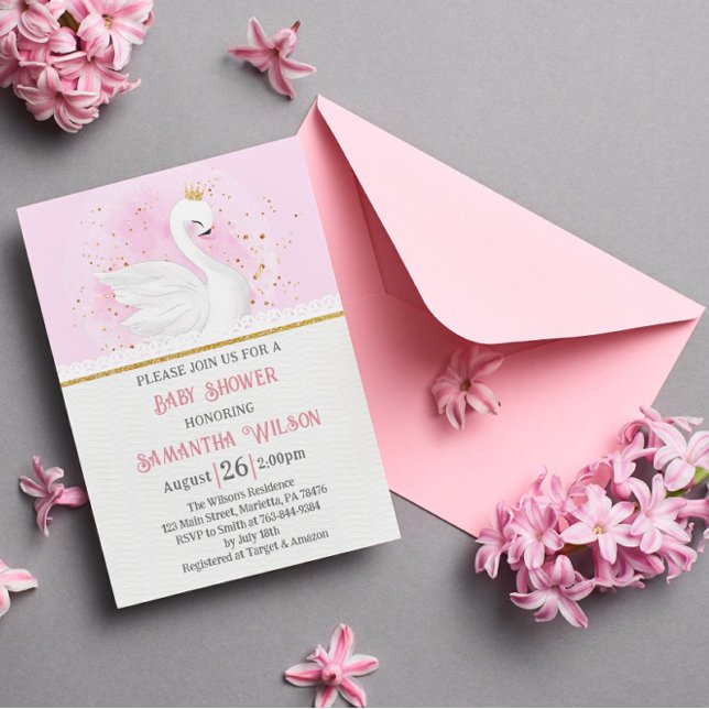 Invitation Baby shower princesse de cygne Confetti rose et or (Créateur téléchargé)