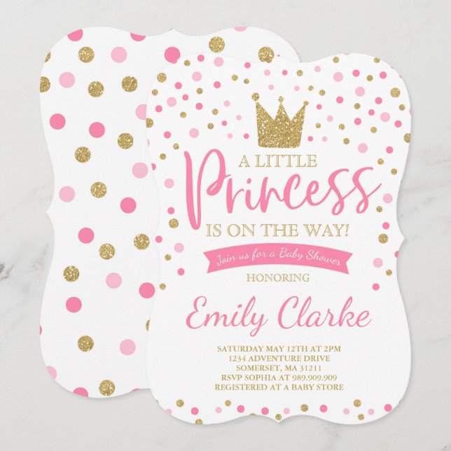 Invitation Baby shower Princesse Douche en or rose (Devant / Derrière)