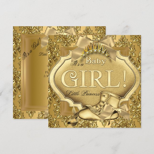 Invitation Baby Shower Princesse Élégante Bébé Fille Or Doré (Devant / Derrière)