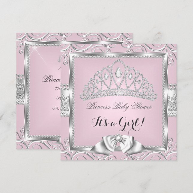 Invitation Baby shower princesse fille rose argent damas (Devant / Derrière)