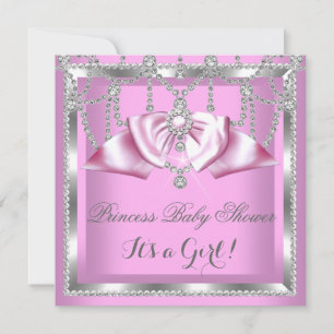 Invitation Baby Shower Princesse Fille Rose Argent Diamant