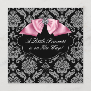 Invitation Baby Shower Princesse Fille Rose et Noir Damassé