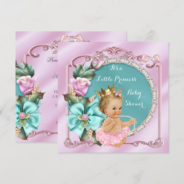 Invitation Baby Shower Princesse Fleur Teal Rose Blonde Bébé (Devant / Derrière)