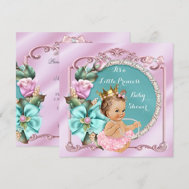 Invitation Baby Shower Princesse Fleurs Bleu Turquoise Rose B (Devant / Derrière)