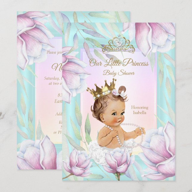 Invitation Baby Shower Princesse Fleurs Teal Rose Lilas (Devant / Derrière)