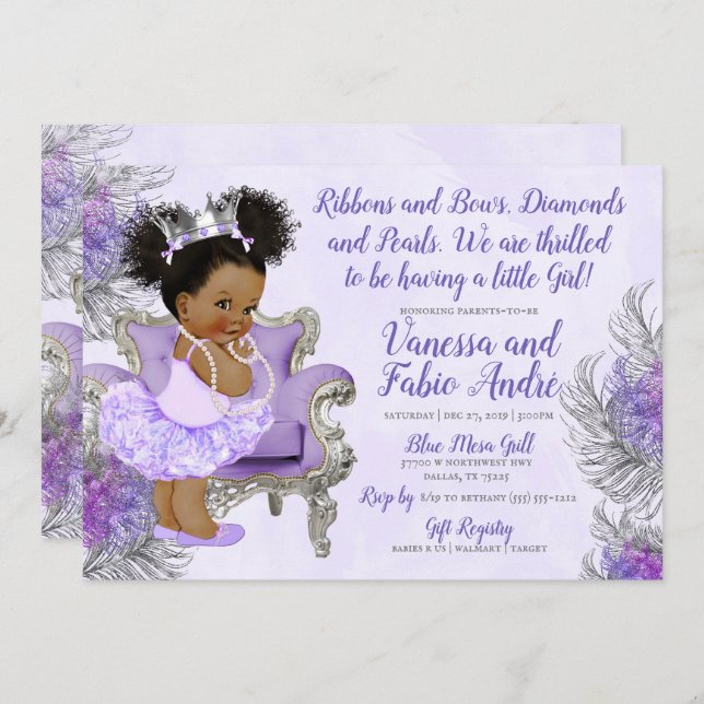 Invitation Baby shower princesse Lavender Silver (Devant / Derrière)
