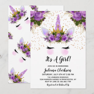 Invitation Baby Shower Princesse Licorne Fleurie Violette