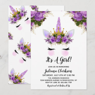 Invitation Baby Shower Princesse Licorne Fleurie Violette