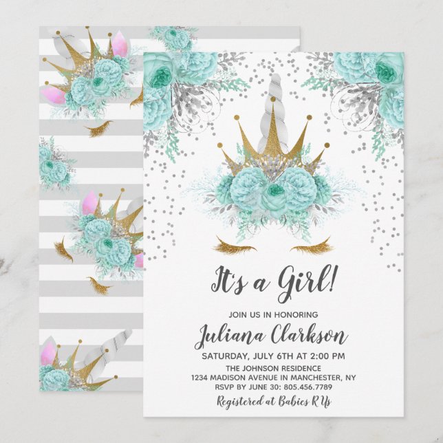 Invitation Baby shower Princesse Mint, Silver & Gold Unicorn (Devant / Derrière)
