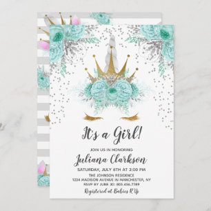 Invitation Baby shower Princesse Mint, Silver & Gold Unicorn