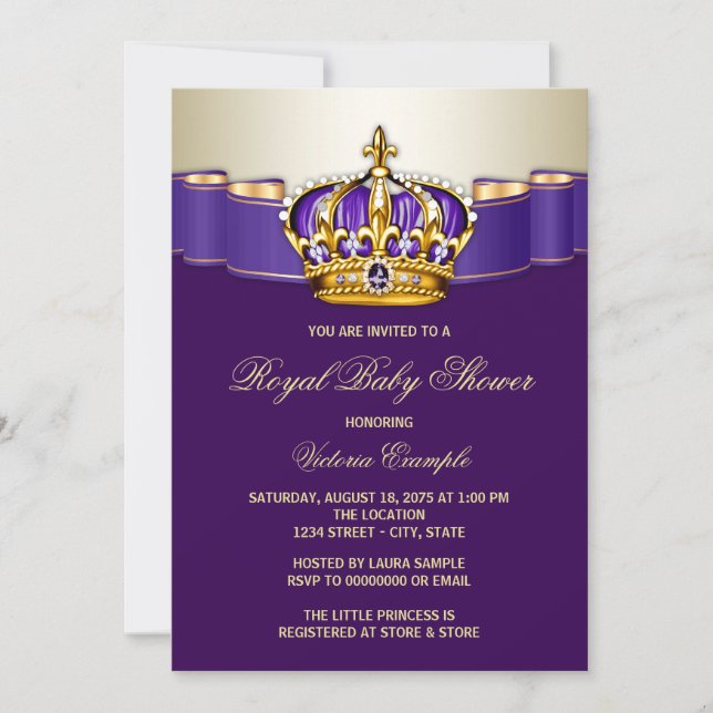 Invitation Baby Shower Princesse Or et Violet Royal (Devant)