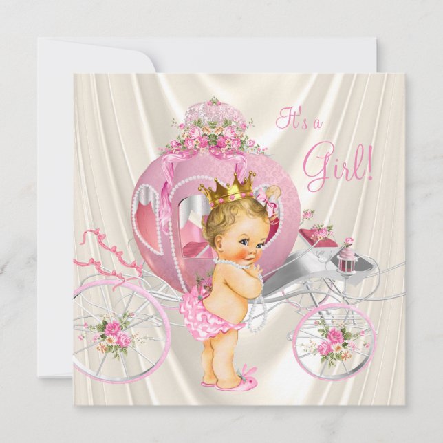 Invitation Baby Shower Princesse Or Rose et Perle d'Ivoire (Devant)