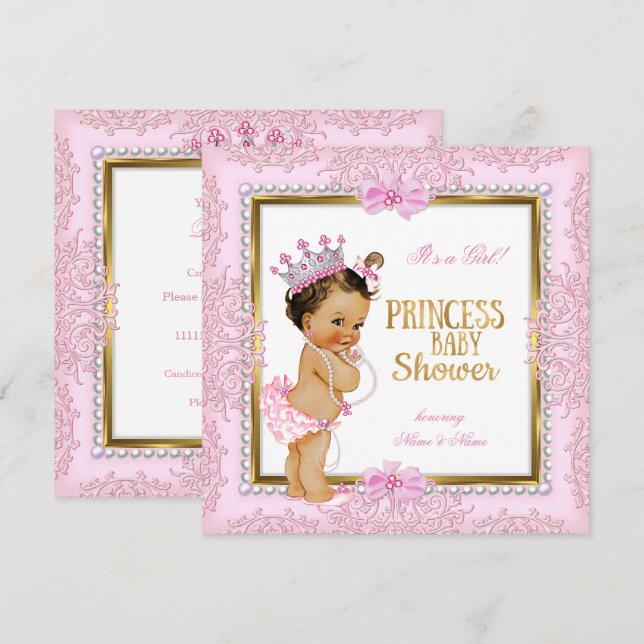 Invitation Baby Shower Princesse Or Rose Perles Dentelle (Devant / Derrière)
