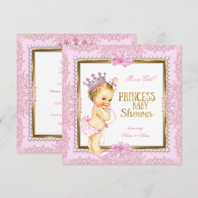 Invitation Baby Shower Princesse Or Rose Perles Dentelle Blon (Devant / Derrière)