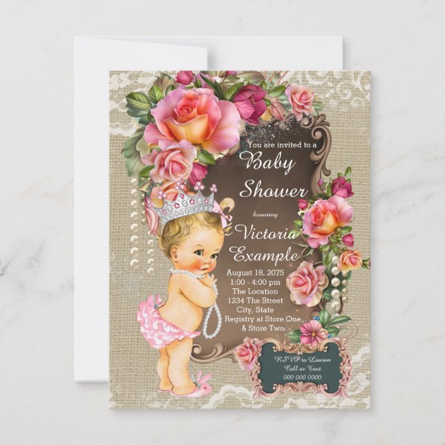 Invitation Baby Shower Princesse Perle avec Dentelle de Jute (Devant)