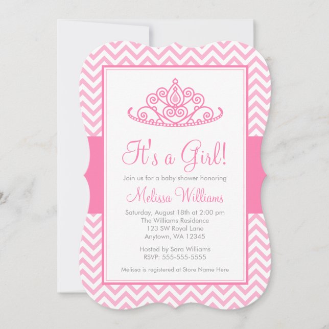 Invitation Baby shower princesse princesse Chevron rose (Devant)