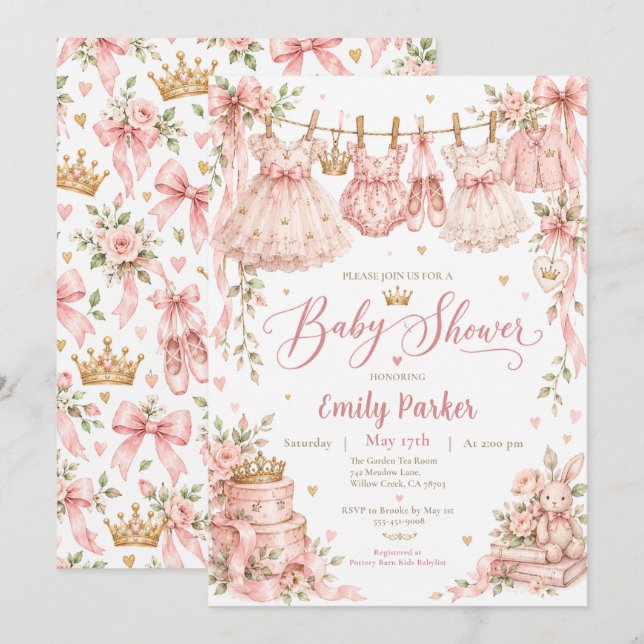 Invitation Baby Shower Princesse Rose (Devant / Derrière)
